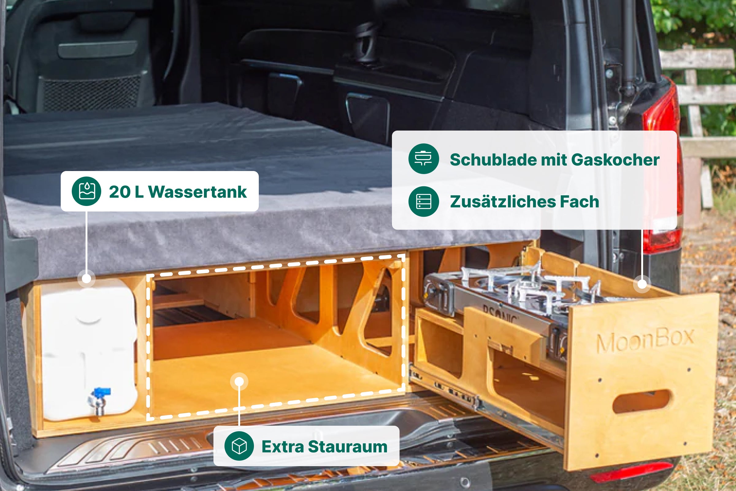 Moonbox Campingbox mit Tisch Van/Bus 119cm Natur